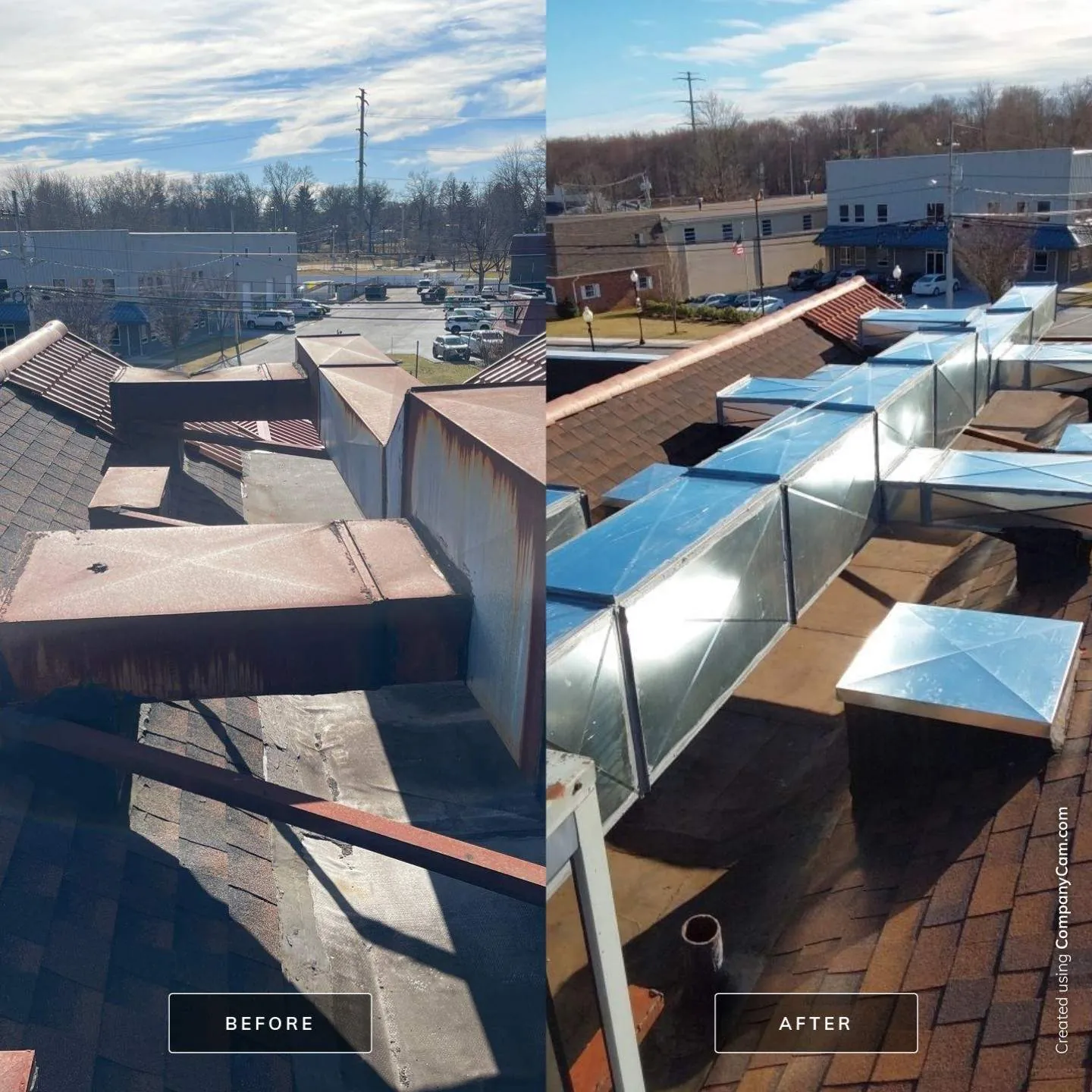 Before-and-after view of rooftop sheet-metal ductwork replacement