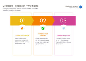 Goldilocks principle of HVAC sizing showing oversized, undersized, and properly sized system effects on comfort - how proper